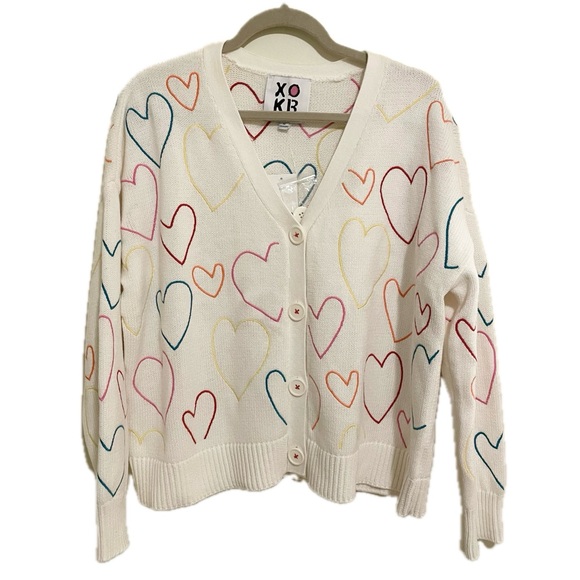 XOKR Kerri Rosenthal Cardigan – Multicolor Embroidered Hearts, Size Medium (NWT) - Picture 1 of 7